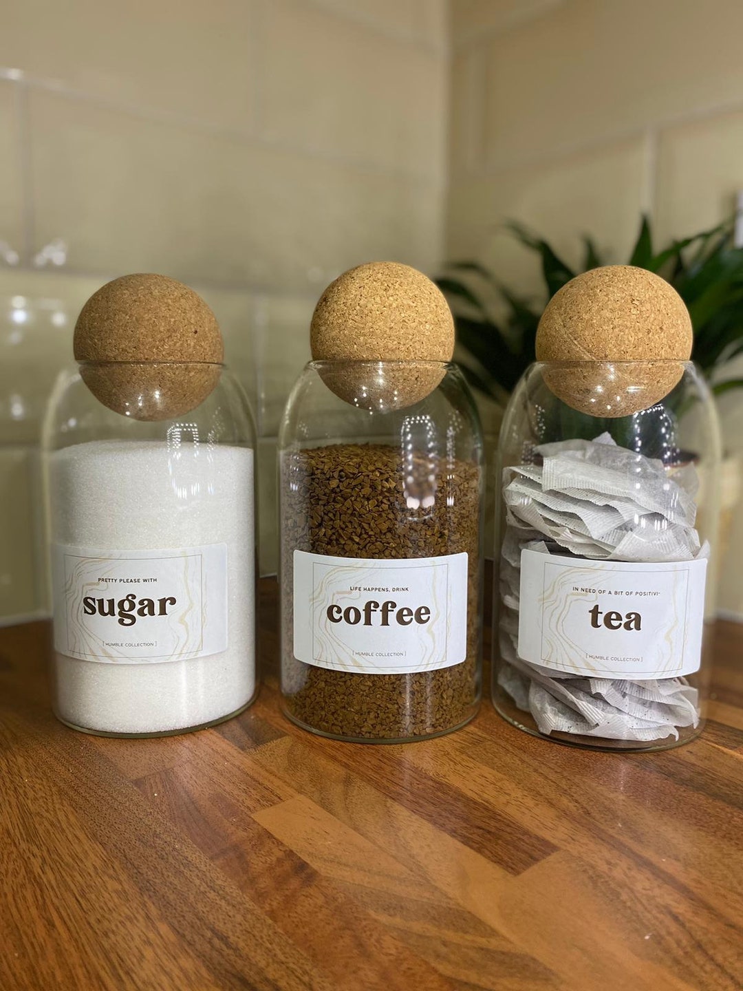 Set of 3 Cork Ball Glass Jars Tea Coffee Sugar Pantry Kitchen Food ...