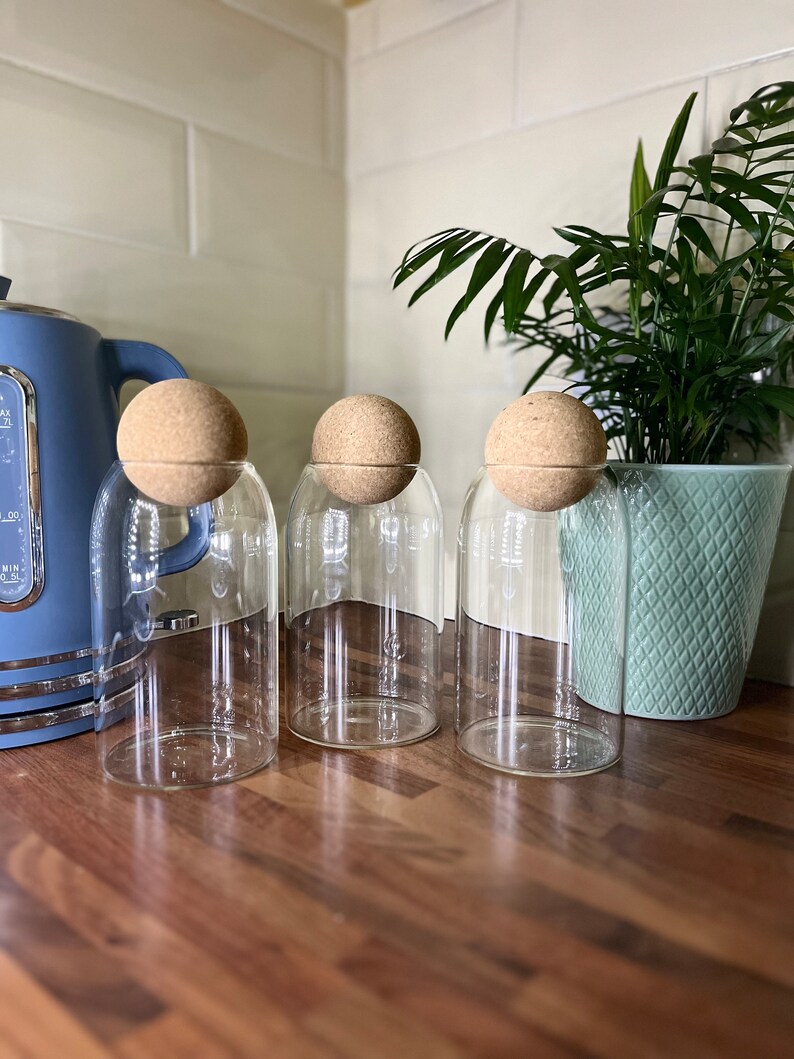 Set of 3 Cork Ball Glass Jars Tea Coffee Sugar Pantry Etsy