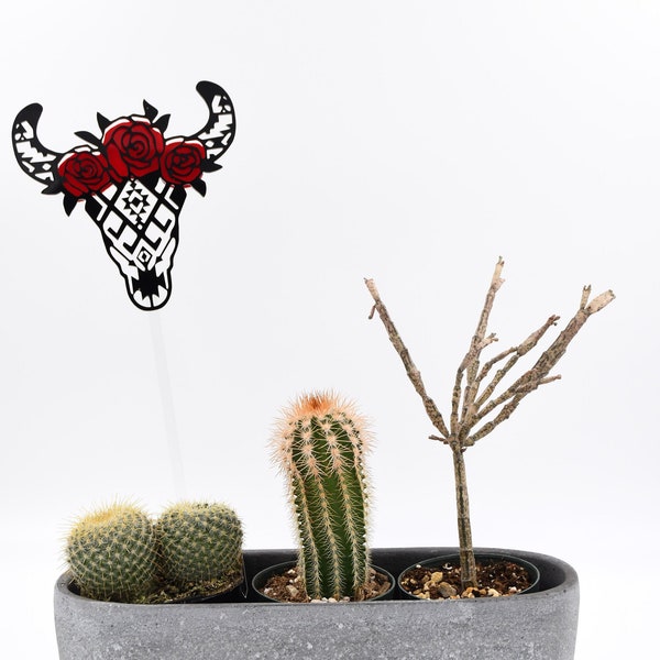 Steer Skull Plants Stakes, Flower Skull Indoor Plant Stake, Whimsical Unique Potted Plant Decor, Funny Houseplant Decor Gifts