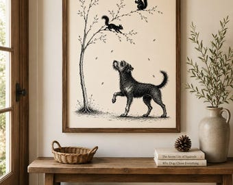 May include: A framed wall art print featuring a black ink illustration of a shaggy dog looking up at two squirrels perched in a tree. The background is a light cream color. The print is enclosed in a simple dark brown wooden frame.