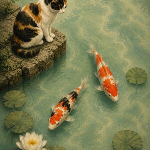 Calico Cat Koi Pond Art Print, Japanese Inspired Wall Decor, Lotus Flower Artwork image 15