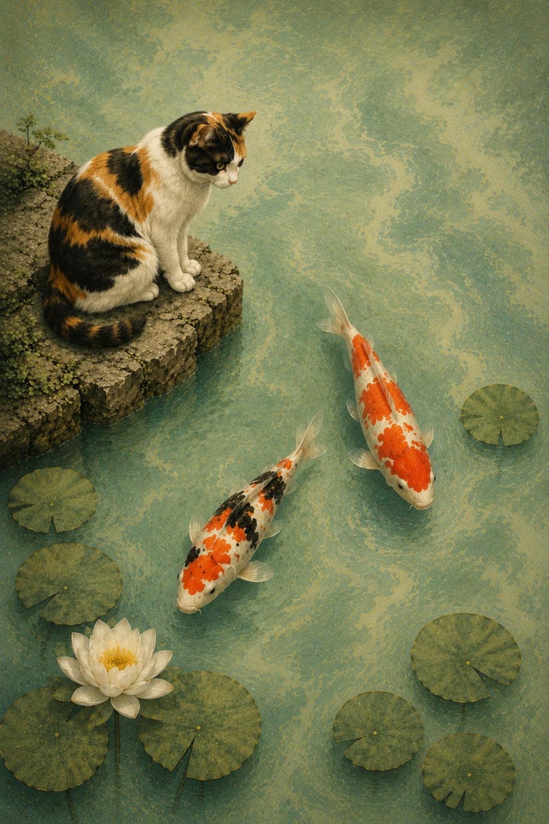Calico Cat Koi Pond Art Print, Japanese Inspired Wall Decor, Lotus Flower Artwork image 15