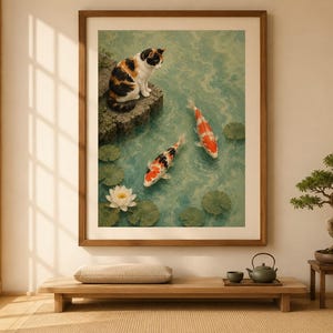 Calico Cat Koi Pond Art Print, Japanese Inspired Wall Decor, Lotus Flower Artwork image 2