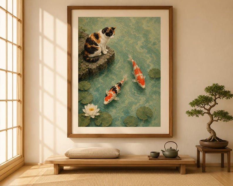 Calico Cat Koi Pond Art Print, Japanese Inspired Wall Decor, Lotus Flower Artwork image 2