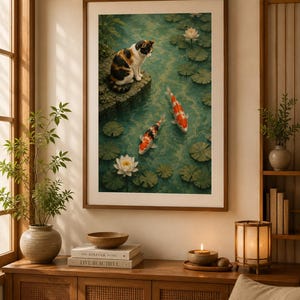 May include: A framed vertical wall art print depicting a calico cat sitting on a stone ledge overlooking a pond with two orange and white koi fish swimming among green lily pads and white water lily flowers in a serene, natural setting.