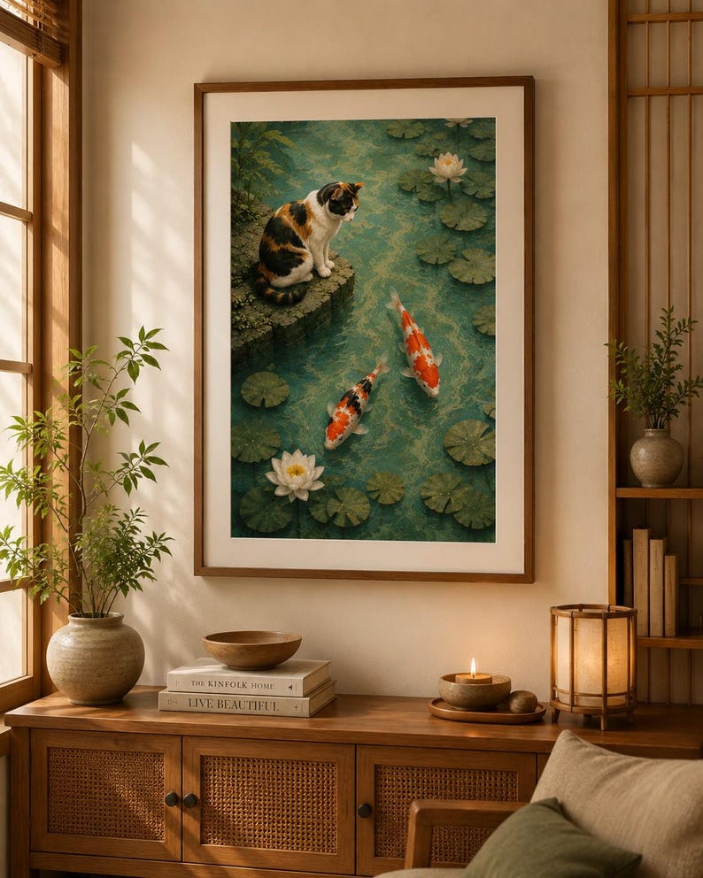 May include: A framed vertical wall art print depicting a calico cat sitting on a stone ledge overlooking a pond with two orange and white koi fish swimming among green lily pads and white water lily flowers in a serene, natural setting.
