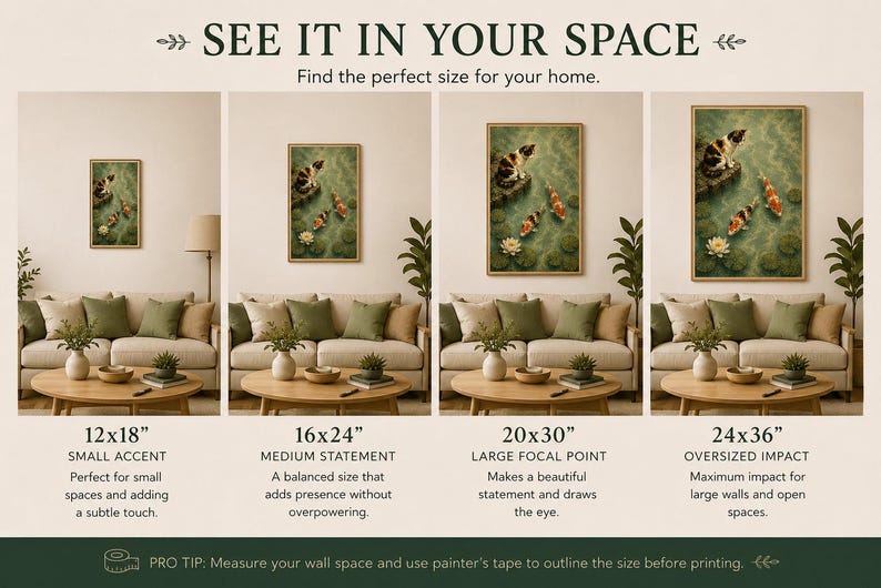 May include: A wall art size guide featuring four framed prints of a cat watching koi fish in a pond, displayed above sofas. The text reads: SEE IT IN YOUR SPACE, 12x18, 16x24, 20x30, 24x36, and PRO TIP: Measure your wall space and use painter's tape.