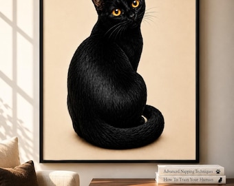 May include: A framed wall art print featuring a black cat with bright yellow eyes against a solid beige background. The cat is sitting and looking over its shoulder. The black frame surrounds the artwork, which is displayed above a wooden cabinet.