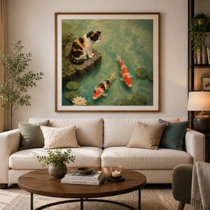May include: A square framed wall art print featuring a calico cat sitting on a stone ledge overlooking a pond with two orange and white koi fish, green lily pads, and a single white water lily floating on the turquoise water surface.