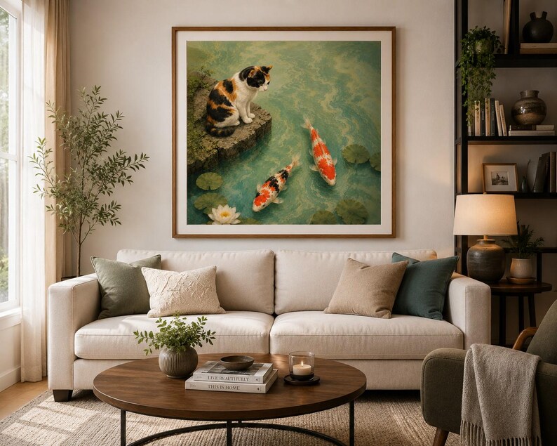 May include: A square framed wall art print featuring a calico cat sitting on a stone ledge overlooking a pond with two orange and white koi fish, green lily pads, and a single white water lily floating on the turquoise water surface.