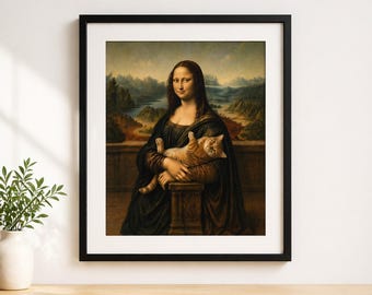 May include: Framed art print featuring a parody of the Mona Lisa, holding a tabby cat. The artwork is set against a landscape background with a black frame. The print has a vintage aesthetic.