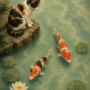 May include: A calico cat sits on a stone ledge overlooking a pond with two koi fish swimming in the water. The pond features several green lily pads and a single white water lily flower floating on the surface of the textured green water.