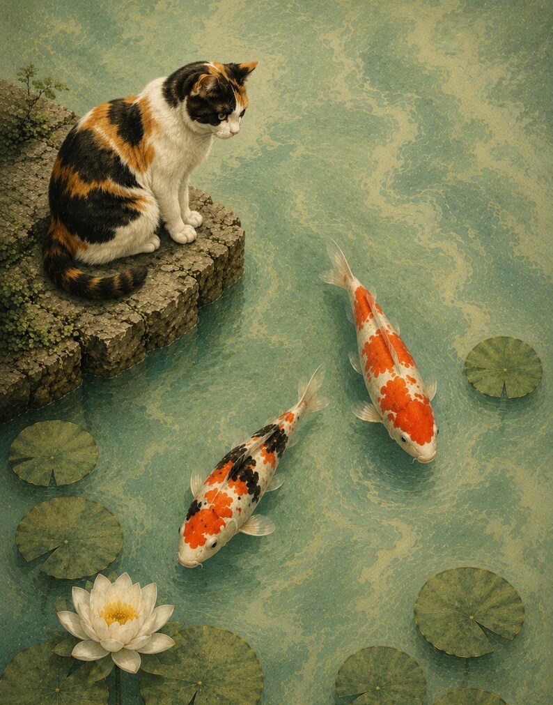 May include: A calico cat sits on a stone ledge overlooking a pond with two koi fish swimming in the water. The pond features several green lily pads and a single white water lily flower floating on the surface of the textured green water.
