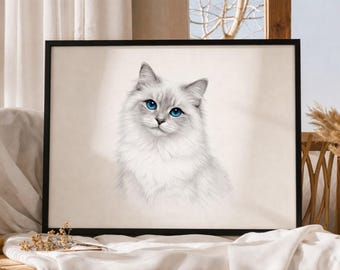 May include: Framed art print featuring a detailed pencil drawing of a Ragdoll cat. The cat has striking blue eyes and fluffy white and grey fur. The artwork is set against a neutral background, framed in black, and displayed in a well-lit room.