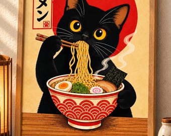 May include: A framed wall art print featuring a black cat with large yellow eyes eating ramen with chopsticks. The illustration includes a red sun background, a bowl of noodles with egg and seaweed, and the Japanese text for ramen in a red box.