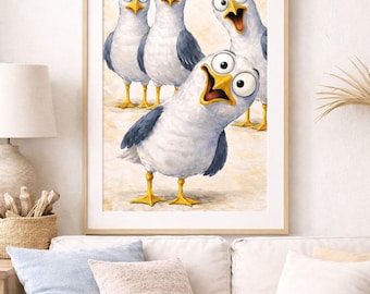 May include: A framed print featuring four cartoon seagulls with exaggerated expressions. The seagulls are white with gray wings and yellow feet, set against a light beige background. The artwork is displayed above a white sofa with decorative pillows.