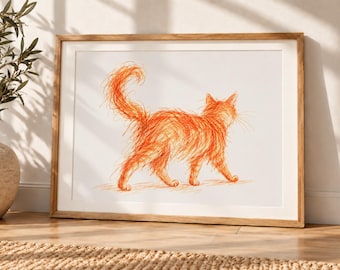 May include: A framed wall art print featuring a sketch of a fluffy orange cat walking. The cat is rendered in a scribbled, energetic line style with a long, curved tail. The artwork is set against a plain white background within a light wood frame.