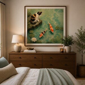 May include: A square framed wall art print featuring a calico cat sitting on a stone ledge overlooking a pond with two orange and white koi fish and a white water lily. The artwork is displayed above a wooden dresser in a bedroom setting.