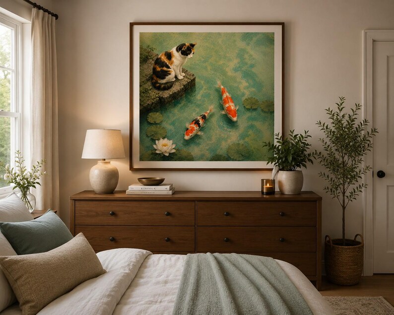 May include: A square framed wall art print featuring a calico cat sitting on a stone ledge overlooking a pond with two orange and white koi fish and a white water lily. The artwork is displayed above a wooden dresser in a bedroom setting.