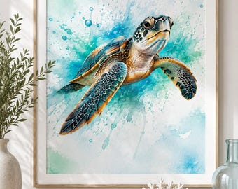 May include: A framed watercolor print featuring a sea turtle swimming through turquoise and blue water with visible paint splashes and bubbles. The turtle has detailed brown and green patterned scales on its flippers and shell.