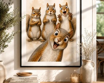 May include: A framed print featuring four cartoon squirrels with expressive faces. The squirrels have brown fur and white bellies. One squirrel is in the foreground with a wide-open mouth, while the others have various expressions of surprise and annoyance.