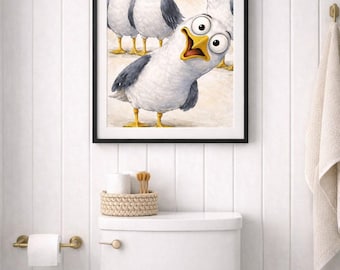 May include: A framed print featuring four cartoon seagulls with exaggerated expressions. The seagulls are depicted in shades of white, gray, and yellow, with one bird in the foreground appearing surprised. The print is displayed above a white toilet in a bathroom setting.