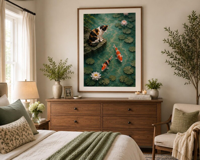 May include: A framed wall art print featuring a calico cat sitting on a stone ledge overlooking a pond with two orange and white koi fish, green lily pads, and white and pink water lilies floating on the dark green water surface.