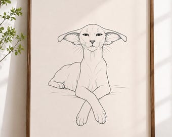 May include: A framed wall art print featuring a black line drawing of an Oriental Shorthair cat with large, wide-set ears and a slender body. The cat is depicted in a seated position with its front paws crossed, set against a light beige background.