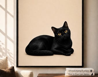 May include: A framed wall art print featuring a realistic illustration of a black cat with bright yellow eyes resting against a solid light beige background. The cat is positioned in the center of the rectangular frame with a thin black border.