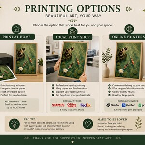 May include: An informational graphic titled PRINTING OPTIONS featuring three columns: PRINT AT HOME, LOCAL PRINT SHOP, and ONLINE PRINTERS. Each section displays a framed koi pond art print and lists benefits, popular stores like Staples, Office Depot, FedEx, and services like Gelato, Gooten, and Printify.