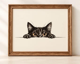 Black Cat Peeking Wall Art, Funny Cat Printable, Whimsical Cat Illustration, Minimalist Cat Decor (Digital Download)