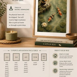 May include: A digital download art print featuring a calico cat sitting on a rock overlooking a pond with two koi fish and a white water lily. The framed artwork is displayed with books titled The Koi Pond Companion and Cats & Koi.