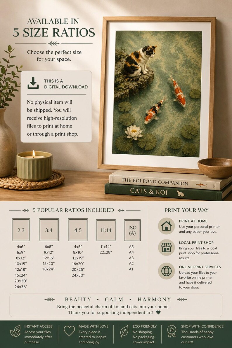 May include: A digital download art print featuring a calico cat sitting on a rock overlooking a pond with two koi fish and a white water lily. The framed artwork is displayed with books titled The Koi Pond Companion and Cats & Koi.