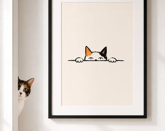 Funny Calico Cat Peeking Print, Minimalist Cat Wall Art, Pet Line Drawing (Digital Download)