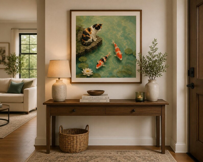May include: A square framed wall art print featuring a calico cat sitting on a stone ledge overlooking a pond with two koi fish and a white water lily. The artwork is displayed above a wooden console table with a lamp, books, and a vase.