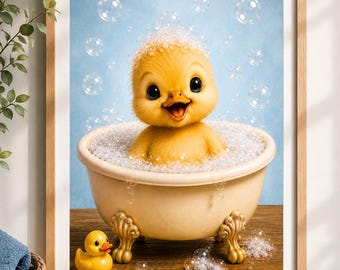 May include: A framed print featuring a cheerful yellow duckling in a vintage-style bathtub filled with bubbles. A rubber duck sits nearby. The background is a light blue, creating a whimsical and playful scene.