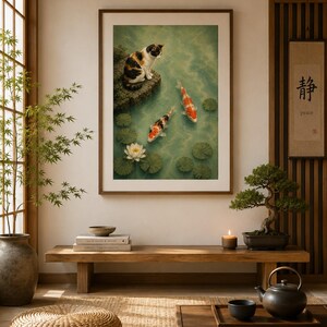 May include: A framed wall art print featuring a calico cat sitting on a rock overlooking a pond with two koi fish and a white water lily. The artwork is displayed in a room with a wooden bench, a bonsai tree, a tea set, and a woven floor cushion.