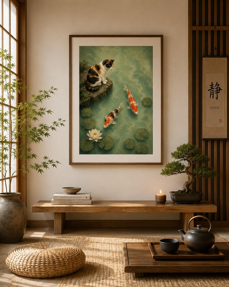 May include: A framed wall art print featuring a calico cat sitting on a rock overlooking a pond with two koi fish and a white water lily. The artwork is displayed in a room with a wooden bench, a bonsai tree, a tea set, and a woven floor cushion.