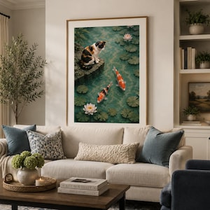 May include: A framed wall art print featuring a calico cat sitting on a stone ledge overlooking a green pond with two orange and white koi fish and two blooming pink water lilies surrounded by dark green lily pads floating on the water surface.