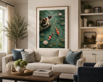 May include: A framed wall art print featuring a calico cat sitting on a stone ledge overlooking a green pond with two orange and white koi fish and two blooming pink water lilies surrounded by dark green lily pads floating on the water surface.
