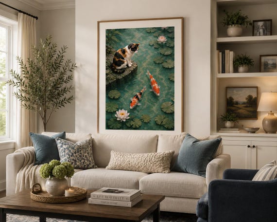 Calico Cat Koi Pond Art Print, Japanese Inspired Wall Decor, Lotus Flower Artwork