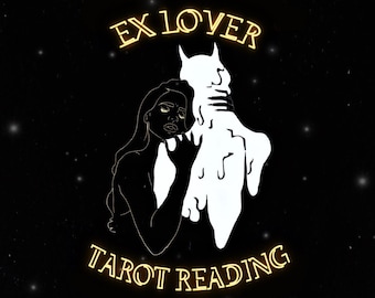 May include: A black and white illustration of a woman embracing a devil-like figure. The text "EX LOVER TAROT READING" is in yellow neon lettering against a black background with white stars.