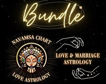 Peut inclure: Un graphique noir et or avec le texte "Bundle" en police jaune néon. Le graphique présente deux cartes d'astrologie, l'une avec une déesse et le texte "Navamsa Chart Love Astrology" et l'autre avec une main et le texte "Love & Marriage Astrology". Le texte "get two for less" est également inclus dans le graphique.