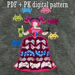May include: A cross-stitch pattern featuring a pink-haired woman in a red and pink dress surrounded by colorful pixelated game controllers. The pattern is titled "PDF + PK digital pattern".