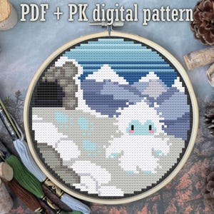 Tiny Yeti Cryptid Mini Landscape Cute Cross-Stitch Digital PDF Pattern Sasquatch Bigfoot Cryptozoology
