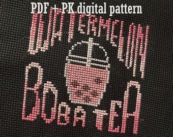 Patrón de punto de cruz de té Boba de sandía, bebida de temporada, té de burbujas, café helado, patrón digital PDF de Coffeecore de verano