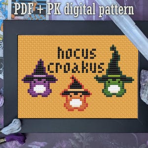 May include: A framed cross-stitch pattern with the words "hocus croakus" above three witch-themed frog characters. The frogs are purple, orange, and green, each wearing a witch hat. The background is orange.