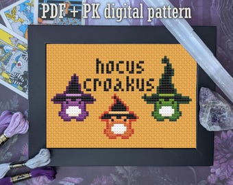 Hocus Croakus Cross-Stitch Pattern PDF Digital Cottagecore Spooky Frogs Halloween Silly Witches