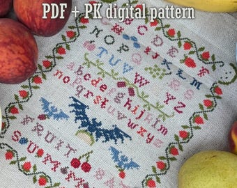 Fruit Bat Summer Sampler Traditional Quaker Vintage Victorian Inspired Digital Cross-Stitch Pattern PDF Download
