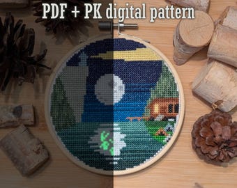 Patrón de punto de cruz digital en PDF de Cabaña sobre el agua Bosque tenebroso Campamento Secretos ocultos Phasmophobia